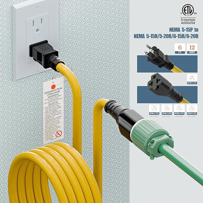 4 in1 NEMA 5-15P Extension Cord, Winxus 6FT NEMA 5-15P to 5-15R, 5-20R, 6-15R, 6-20R Adapter Cord, 15A to 20A AC Adapter Cable, 6FT 3 Prong Extension Cords
