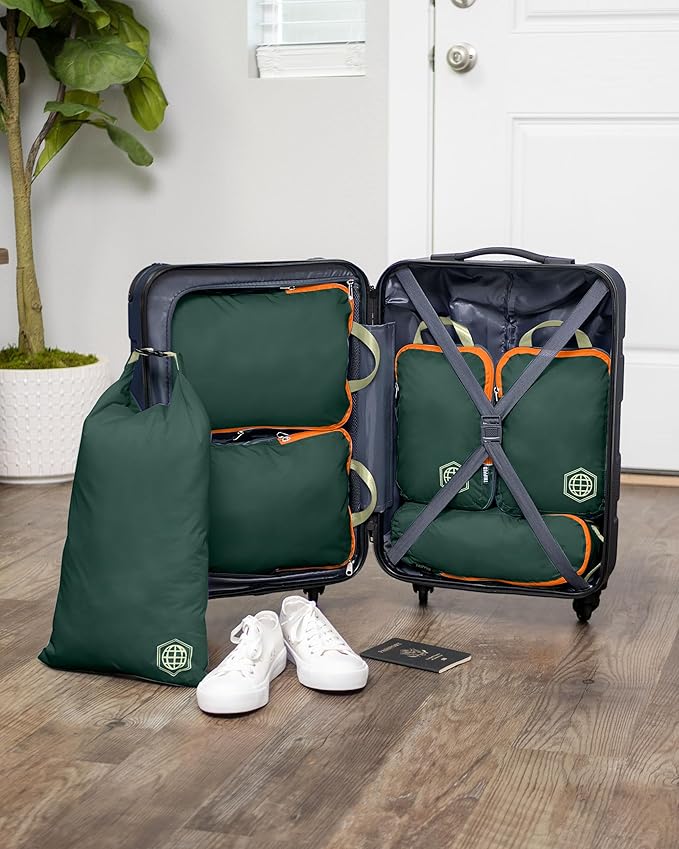 Compression Packing Cubes for Travel, 6-Piece Lightweight Packing Cubes Set for Carry-On Luggage & Backpacks – TRIPPED Travel Gear (Green and Orange)