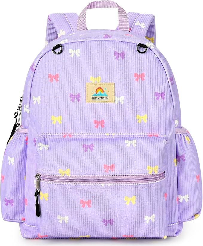 STEAMEDBUN Corduroy Kids Backpack for Girls 5-8: Girls Backpack for Elementary Kindergarten - 15 inch Cute Backpacks for Kids - Purple Bow