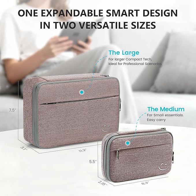 Travelkin Large Cord Organizer Travel, Electronic Organizer Travel Case, Expandable Cable Organizer Bag For Cords, Chargers Phone, Usbs, Tablet (Up to 10"), SD Card (Pink)