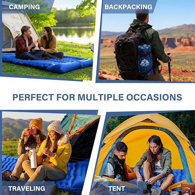 FUN PAC Camping Sleeping Pad with Pillow Built-in Foot Pump Inflatable Sleeping Mat Compact for Camping Backpacking Hiking Traveling - Blue