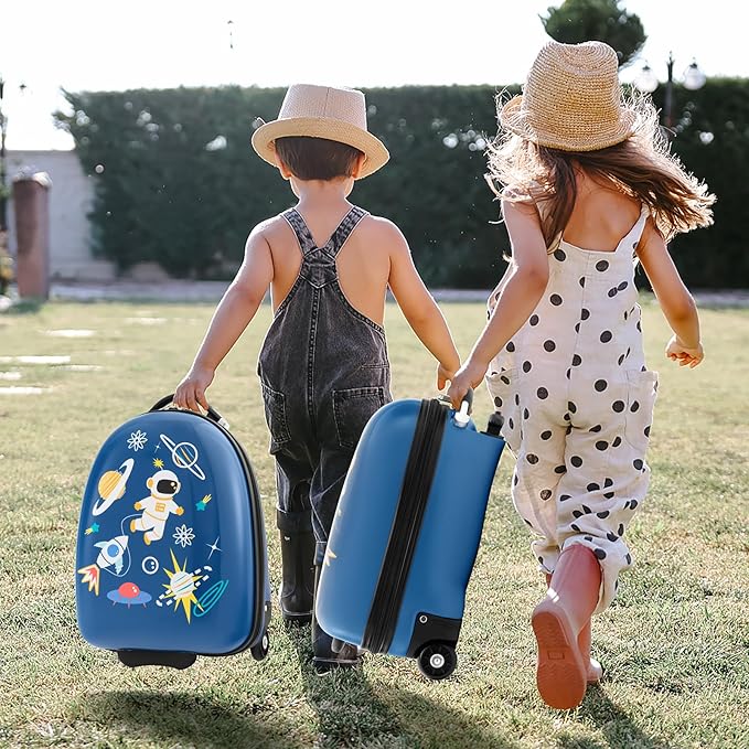 HONEY JOY Kids Luggage, 16” Children Rolling Suitcase w/Wheels & Telescopic Handle, Hard Shell Lightweight Travel Luggage for Toddlers, Carry On Luggage with Wheels for Boys Girls(Blue Astronaut)