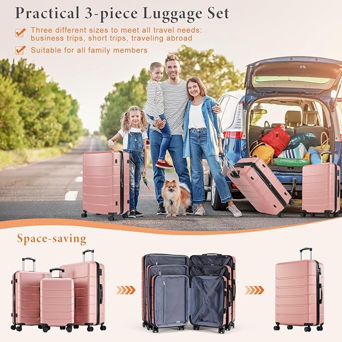 Sweetcrispy 3 PCS Luggage Set, Spinner Wheels Lightweight Expandable Travel Hard Shell Suitcase with TSA Lock, Pale Pink(20/24/28 inch)