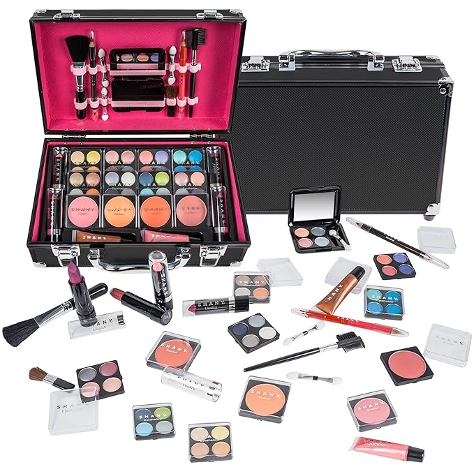 SHANY Carry All Make up Train Case with Pro Makeup Set, Beauty Brushes, Lipsticks, Eye Shadows, Blushes, Powders, and more - Reusable Cosmetics Storage Organizer - Premium Gift Packaging - Black