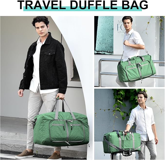 Dimayar 65L Travel Duffle Bag for Men Women - Foldable Duffel Bag with Shoes Compartment - Overnight Bags Waterproof & Tear Resistant(Forest Green)