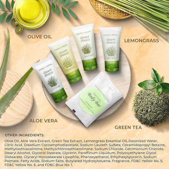 Travel Size Hotel Toiletry Set 300 Count 1 oz Bottles Guest Amenities for Vacation Rentals and Short Term Rentals Paraben Free Green Tea Lemongrass Scent Infused with Aloe and Olive Oil |Desert Breeze