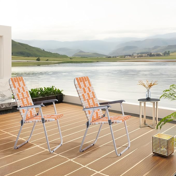 Folding Patio Lawn Webbed Chair Set of 2, Portable Outdoor Beach Chair for Adults, Camping Chair Steel Frame 300lbs Capacity for Yard, Garden Dining, Party, Picnic, 16.7" Seat Width
