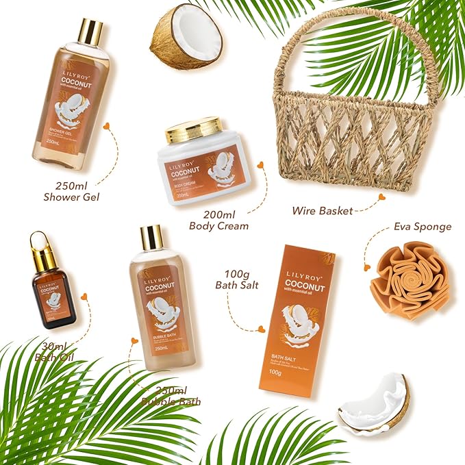 Mother's Day Gift Basket for Women, Gifts for Women - 7Pcs Coconut Bath and Body Spa Gift Basket for Women & Men Self Care Spa Kit | Valentines Day, Fathers Day, Birthday, Christmas Gifts for Her Him