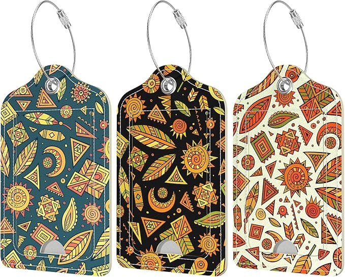 Rimilak 3 Pcs PU Leather Luggage Tags for Suitcase, Travel Cruise Luggage Tag with Privacy Flap, Name ID Label and Metal Loop for Women Men Baggage Handbag School Bag Backpack, Abstract Datura