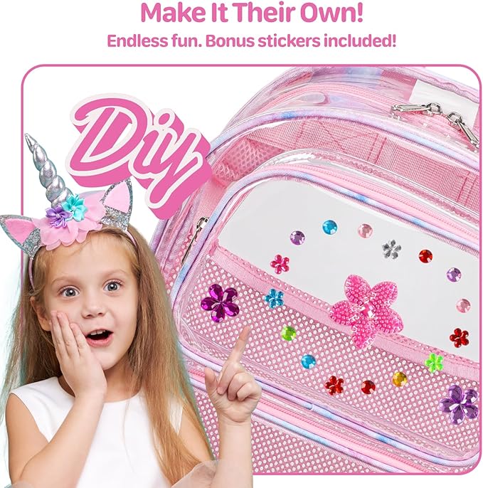 Bagseri Clear Backpack for Girls - 15 Inch Heavy Duty Kids Clear Bookbag for Kindergarten to Grade 2, Transparent School Bag with Reflective Strip, Fits Folders, Pink Tie-dye
