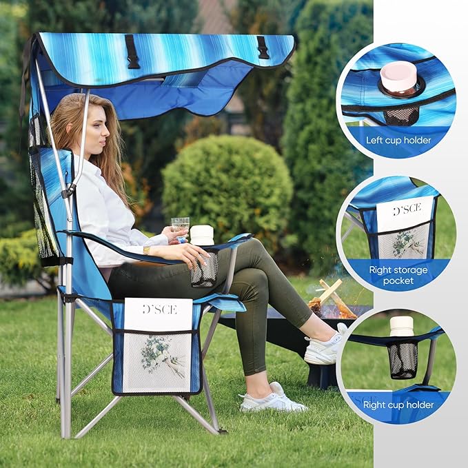 VTOY Portable Camping Chair with Canopy - Folding Chair with Canopy, Durable 600D Oxford Canopy Chair for Camping, Beach, Picnics, Fishing & Sports