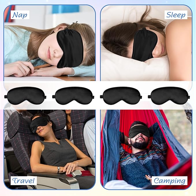 BBTO 4 Pcs Silk Sleep Eye Masks Smooth Soft Satin Eye Covers with Adjustable Strap Blindfold for Sleeping Blocking Out Lights Travel Relaxation (Black)