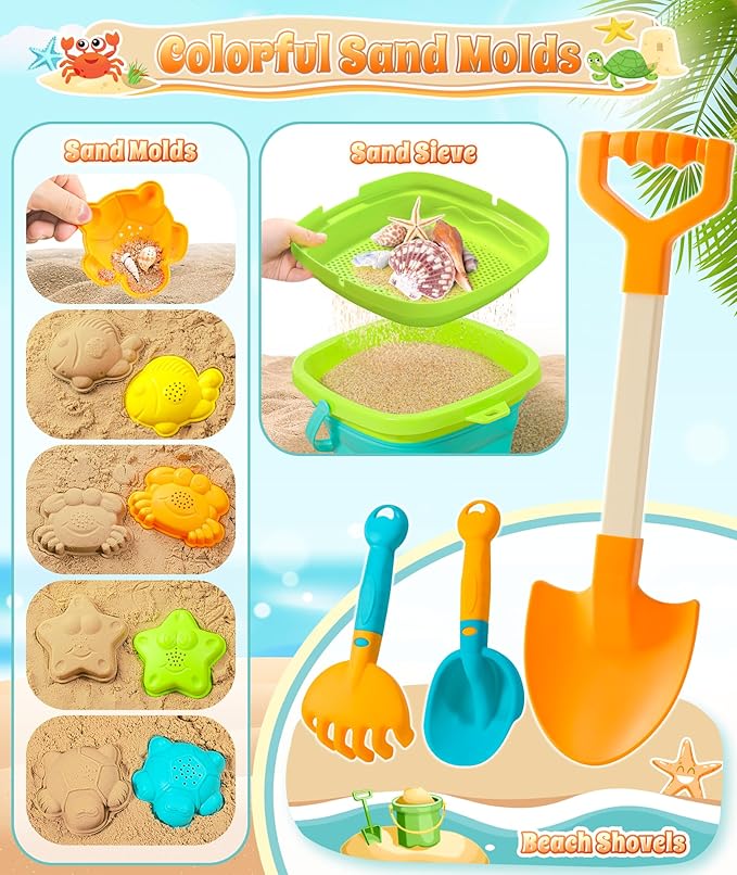 DUDUCOFU Collapsible Beach Sand Toys for Kids Toddlers, Collapsible Sand Bucket with Sifter Shovels Set with Mesh Bag and Sand Molds, Travel Beach Sandbox Toys for Boys Girls 3 4 5 6 7 8 9 10
