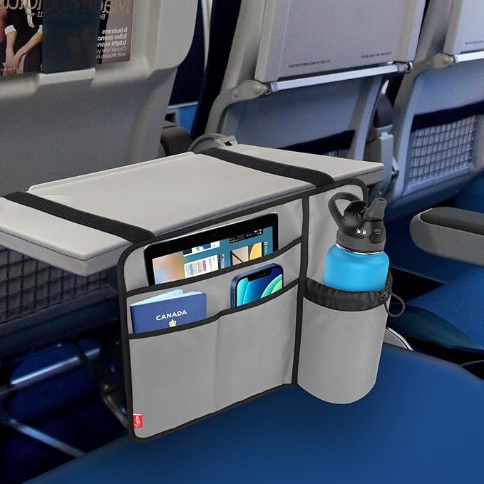 Airplane Seat Back Organizer & Storage, Airplane Tray Table Cover for Personal Items, Airline Seat Hanging Pockets Media Pouch,Reusable Travel Essentials,Fits Tablets,Cell Phone,Water Bottle (Grey)