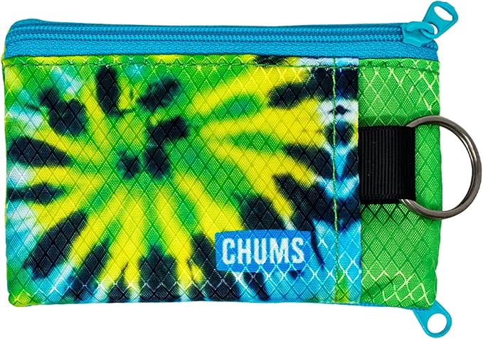 Chums Surfshorts Wallet - Lightweight Slim Wallet with RFID Blocking Card & Clear ID Window - Zippered, Water Resistant w/Key Ring (Green Tie Dye)