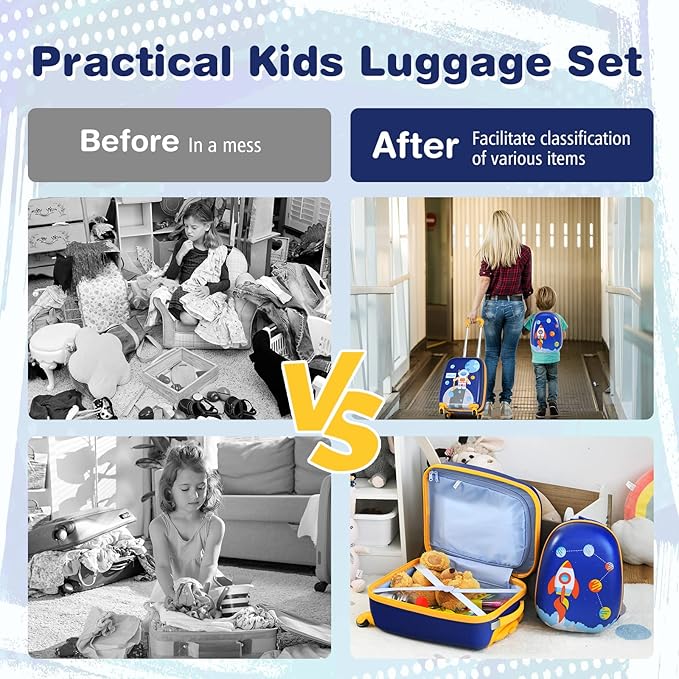 BABY JOY 2 Pieces Kids Luggage Set, 16" Toddlers Carry-on Suitcase & 12” Backpack Set, Children Travelling Case w/ 4 Casters & Retractable Handle, Lightweight Trolley Case for Boys & Girls (Astronaut)