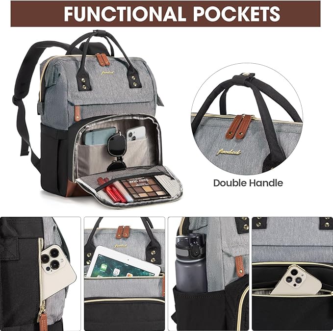 Laptop Backpack for Womem Work Bags: 18 Inch Travel BackPacks With USB Charging Port Anti Theft Durable Back Pack Fashion College BookBag Purse Bussiness Daypack for Nurse Teacher Black Grey Brown