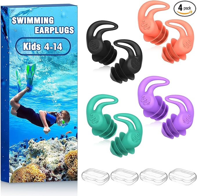 Waterproof Ear Plugs for Swimming Kids - 4 Pairs Reusable Silicone Swimming Ear Plugs for Children Ages 4-14, Keep Ear Water Out, Surfing, Bathing, Water Sports
