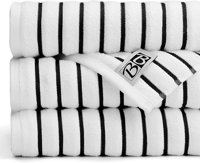 Black & White Brands Brazilian Beach/Pool/Bath Towel - Ultimate Absorbent Luxury XL 36x70 100% Cotton Wave (4 Towels, Black Poly Stripe)