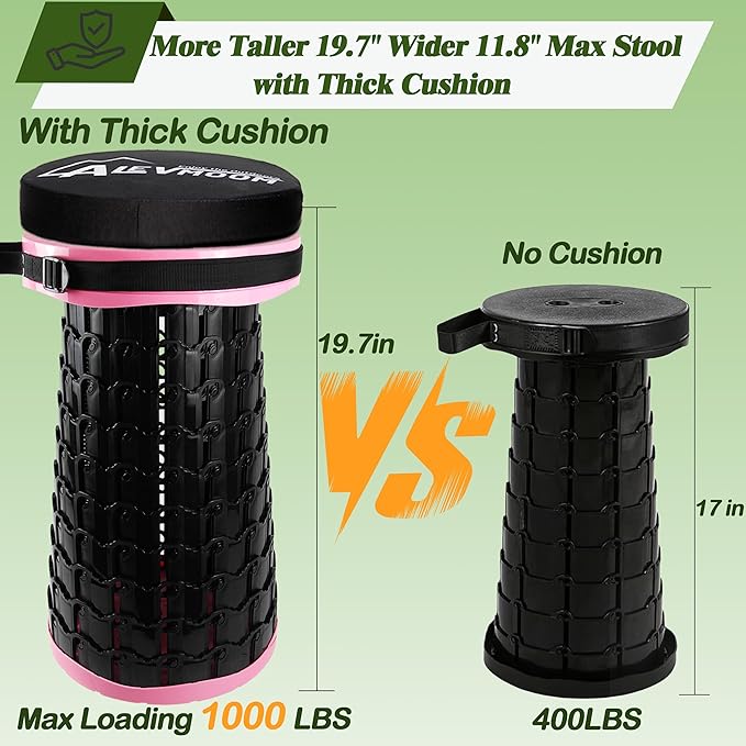 ALEVMOOM Upgraded XXL Collapsilbe Stool with Cushion,More Sturdy and Height 19.7“,D11.8”,Portable and Lightweight Adjustable Telescoping Stool for Camping Hiking BBQ Max Loading 1000Ibs