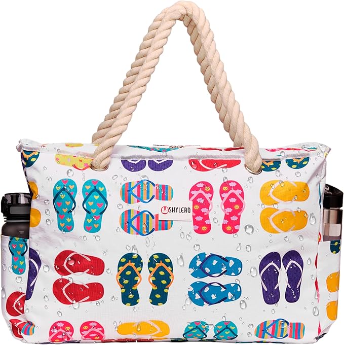 Beach Bag and Pool Bag Has Cooler Pocket, 7 Pockets Total, Zip Top. Family Size Waterproof Beach Tote
