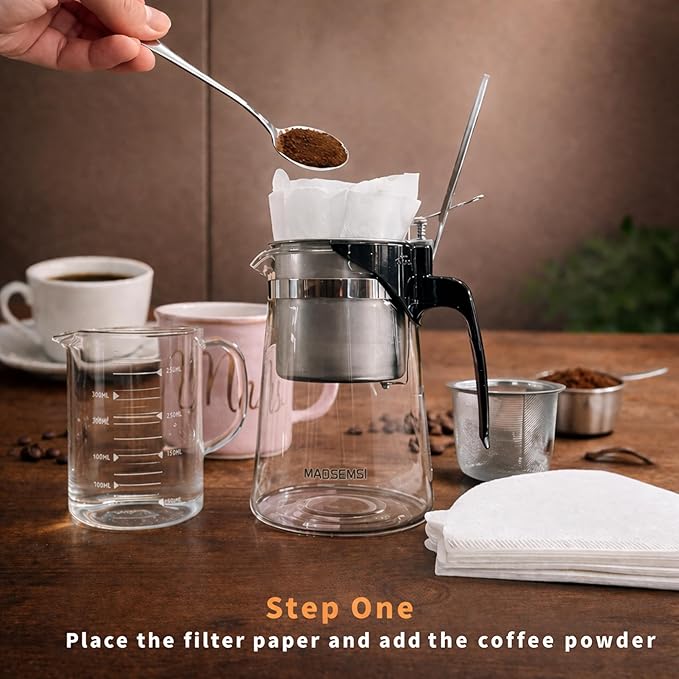 Pour Over Coffee Maker Set, 304 Stainless Steel Coffee Dripper with On/Off Switch, Borosilicate Glass Small Coffee Pot, 50 Filter Papers, Multi-Functional Immersion Drip Cafe Brewer Machine (1, 250ml)