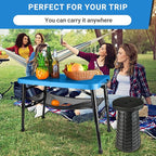 Portable Folding Table and Stool Set, Lightweight Foldable Table & Collapsible Stool for Camping Picnic Beach Fishing, Sturdy Small Outdoor Table with Mesh Layer Storage- Blue