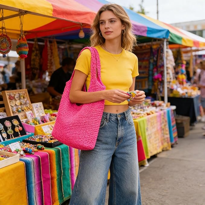 Hand-woven Soft Large Straw Shoulder Bag Boho Straw Handle Tote Retro Summer Beach Bag Rattan Handbag
