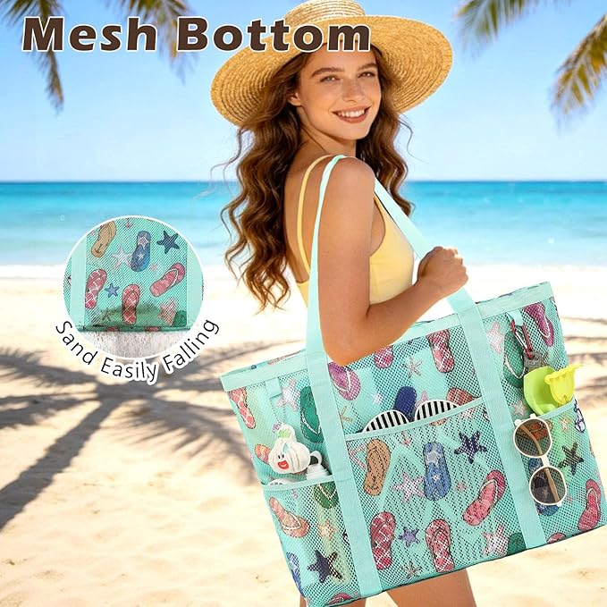 Fammart Mesh Beach Bag with Zipper, Large Beach Tote for Women, Toys Pool Swim Bag Travel Vacation Cruise Essentials
