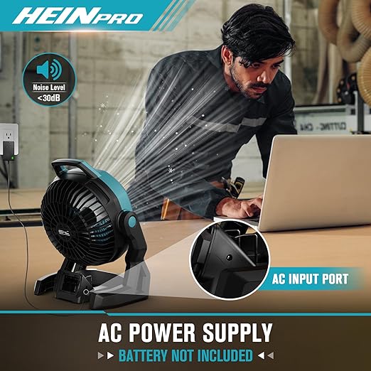HEINPRO Battery Operated Fan Compatible with Makita 18V Battery with AC Adapter (No Batteries) Up to 650CFM, Variable Speed, Low Noise 30dB, Portable Cordless Fan for Camping, Jobsite