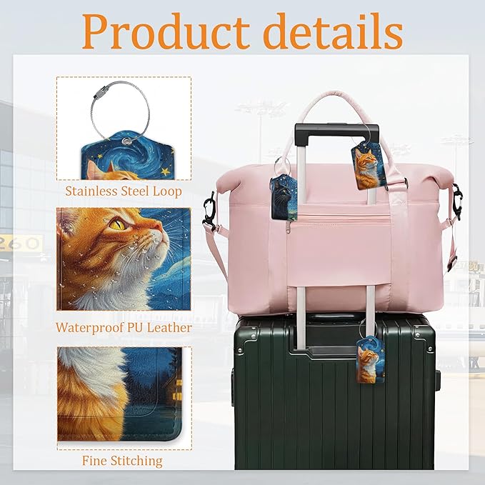 Abstract Night Sky Cat Luggage Tags for Suitcase 3 Pack, Leather Bag Tags Identifiers with Privacy Name Address Labels and Durable Steel Loop for Men Women Backpack