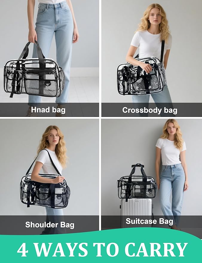 Large Clear Tote Bag 20” for Duffle with 10 Pockets, Clear Beach Gym Crossbody Bag, Big Transparent See Through Bags for Travel Work