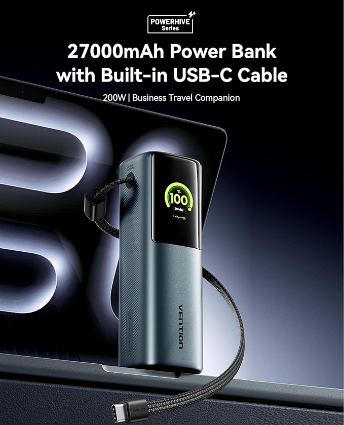 VENTION Powerhive 27000mAh Laptop Power Bank, 200W, Built-in and Extra 240W USB-C Cables, Portable Laptop Charger, Digital Display, for iPhone 17/16/15/14/13 Pro Max, MacBook, Dell, HP, Galaxy S24