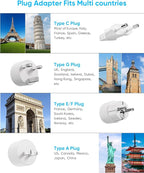 Kakyanill European Travel Plug Adapter, Type E F Plug Adapter, 6 AC Outlets, 4 USB Ports (2 USB C), 3ft Wrapped Around Extension Cord, for Germany France Travel