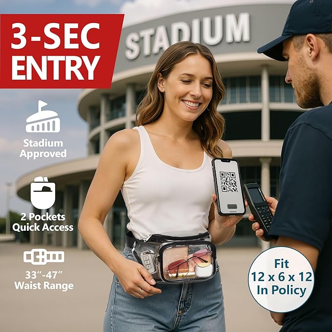 Veckle Clear Fanny Pack Stadium Approved - Adjustable 33-47 Inch Strap, Transparent Belt Bag for Women Men Fits 7.5-inch Smartphone, Waist Bag Clear Bag for Stadium Events, Sport, Concerts, Black