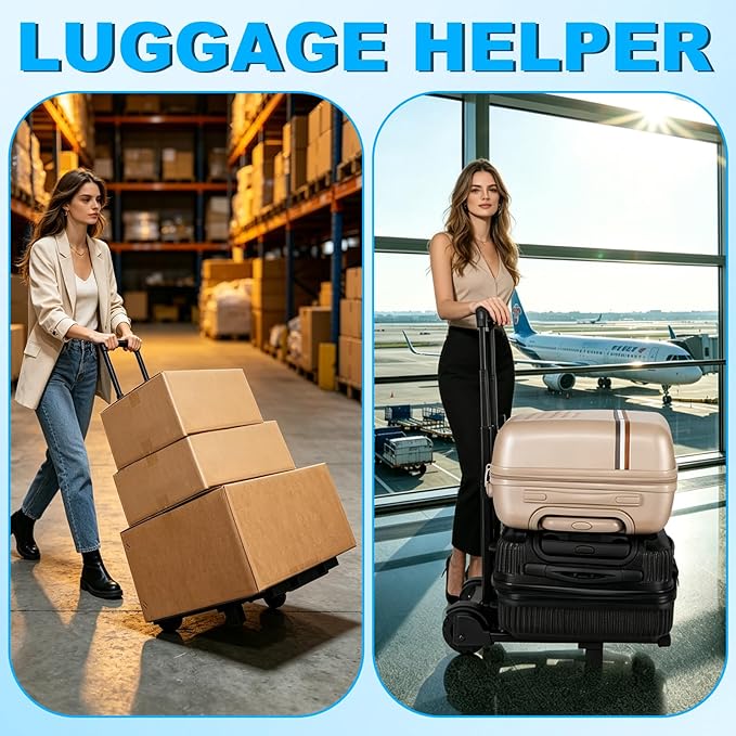 Folding Hand Truck, Foldable Luggage Cart Folding Trolley Dolly with Two Wheels Backpack Trolley with Extendable Chassis Telescopic Rod Utility Cart for Travel Moving Travel Bag, Luggage (Black)