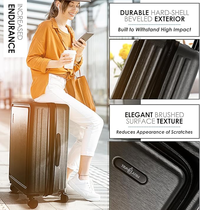 TRAVELARIM Black Hardshell Luggage Sets 4 Piece, Durable Suitcase Set, Travel Luggage Set with Integrated TSA Lock, 360° Spinner Wheels, Expandable Medium and Large Checked Suitcase, 20/24/28 Inch