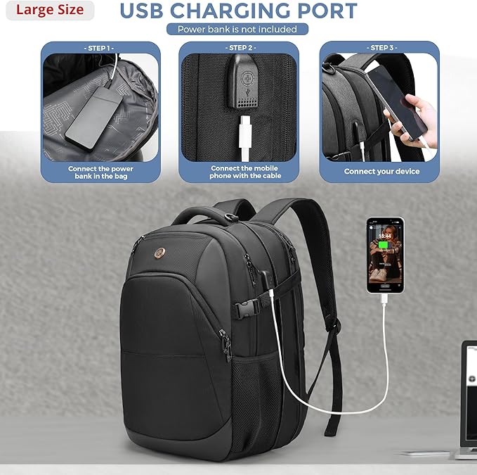 Swissdigital Travel Laptop Backpack, 35L Expandable Large College Laptops Backpack with USB Charging Port for Men and Women Fits 17 Inch Notebook, Black | SD1671-01