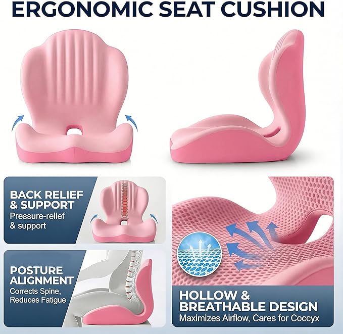 Ergonomic Seat Memory Foam Support Cushion for Back, Car Seat Back Support Cushion for Sciatica Tailbone Pain, Office Desk Chair Car Travel Seat Cushion (Pink)