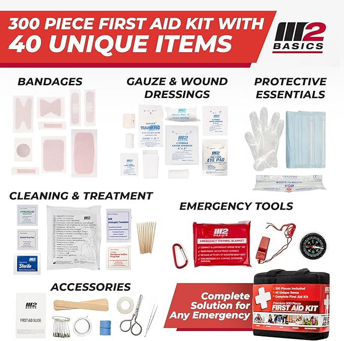 M2 BASICS 300 Piece First Aid Kit, 40 Items, Compact Emergency Medical Kit with Durable Carry Bag for Home, Car, Travel, Office, Camping