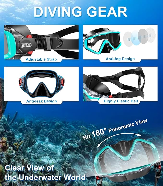Aegend Snorkeling Gear for Adults Youth Kids, Snorkel Mask with Top Dry Valve - Panoramic View Anti-Leak and Anti-Fog with Mesh Bag for Snorkeling, Scuba Diving, Freediving & Swimming