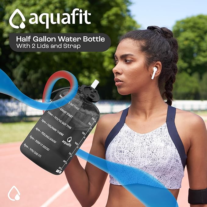 AQUAFIT Half Gallon Water Bottle with Time Marker - Straw & Chug Lid - BPA Free Gym Water Bottle with Straw - Big Gallon Jug (Clarity, 64 oz - 2 Lids)