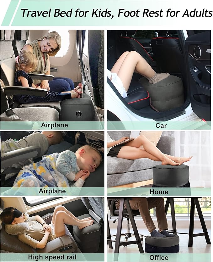 Inflatable Foot Rest Pillow, Kids Airplane Bed, Adjustable 3 Layers Height Leg Rest Pillow, Airplane Travel Essentials Great for Airplane, Office, Home, Trains, Cars