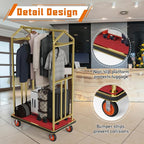Gold Hotel Luggage Cart,42"x24" Bellman Cart with Baffle Guardrail and 6In Caster Weight Capacity Up to 850LBS Provide Convenience to Guest Gold Finished Hotel Cart Add Elegance to Hotel&Resort