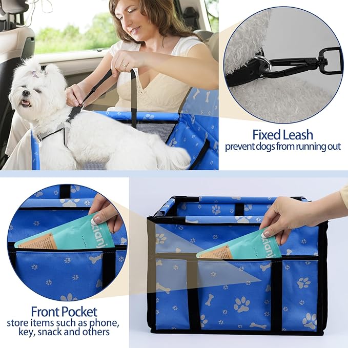 Dog Car Seat Foldable Dog Car Booster Seat Waterproof Breathable Oxford Travel Bag for Small to Medium Dogs, Puppies, and Pets-Pattern Blue-Upgrade