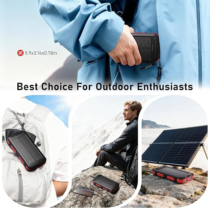 Solar Charger Power Bank 20,000mAh, Portable Charger, 4 Cables 3 Ports Fast Charging External Battery Pack with USB C for Cell Phones, Solar Panel Charger with Dual Flashlight for Camping Red