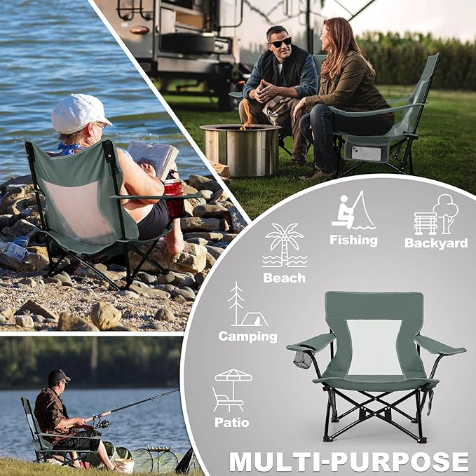 Joyfair Beach Camping Chair (2 Pack), Outdoor Folding Lawn Chair for Adults, Heavy Duty Portable Chair with Armrest for Outside Fishing, Sport, Patio, Cup Holder & Storage Pocket, Carry Bag (Grey)