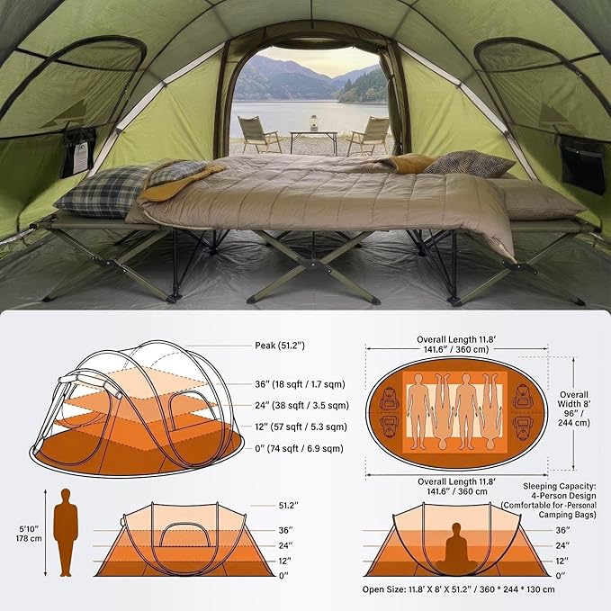 4/6 Person Easy Pop Up Tent,Camping Tent with Skylight and Rainfly,Waterproof,Quick Setup-Instant Tents for Camping Outdoor