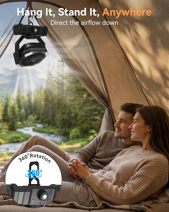 USONE Misting Fan, Portable Camping Fan Rechargeable, Battery Powered Fan for Camping with Light, Remote & Timer, Hanging Tent Fan with Hook for Outdoor fishing, Travel, Work/Summer Essential,Black