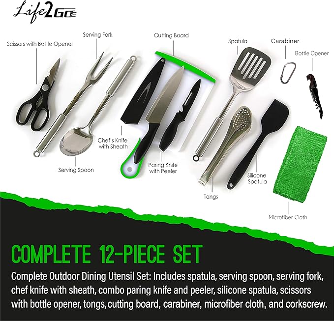 Life 2 Go 12 Pcs Camp Cooking Utensil Set & Outdoor Kitchen Gear Cookware Kit, Portable Compact Carry Case for Camping, Hiking, Travel, BBQ Grilling Stainless Steel Accessories Spoon & Fork, Navy